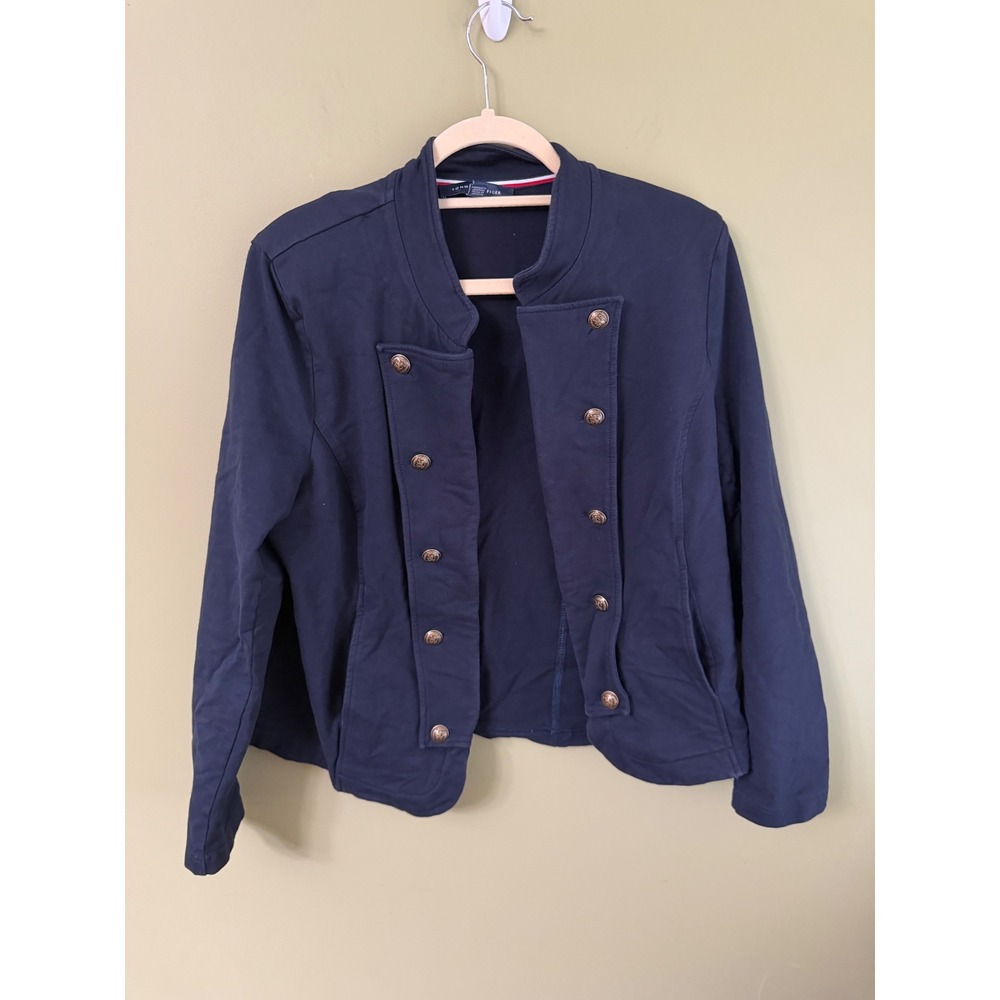 Tommy Hilfiger Womens Navy Blue Military Knit Jacket Crest Buttons XL Open